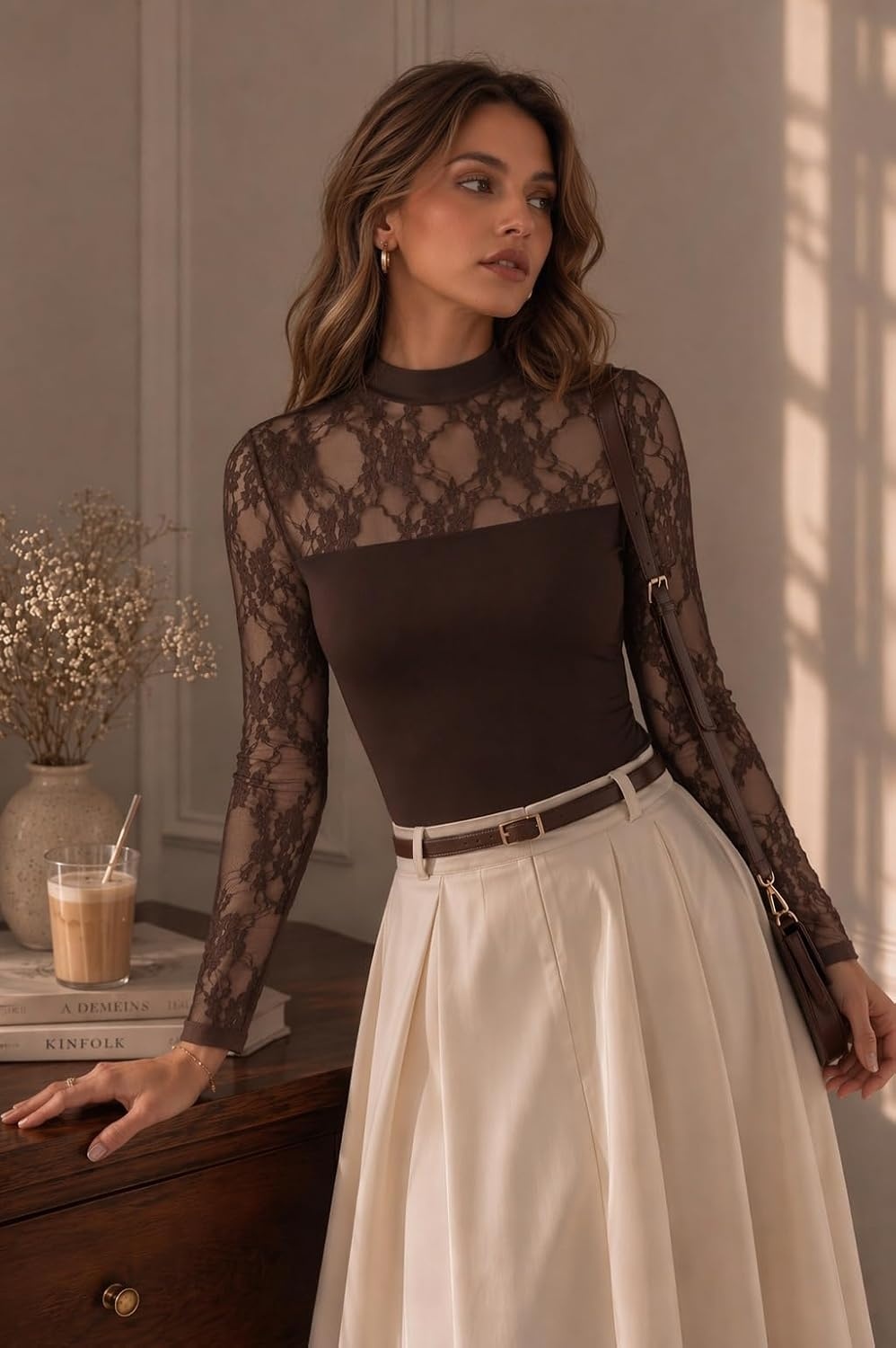 image:imageZeagoo Long Sleeve Shirts for Womens Lace Tops Mesh Sheer Sexy Fall BlouseBrownbr