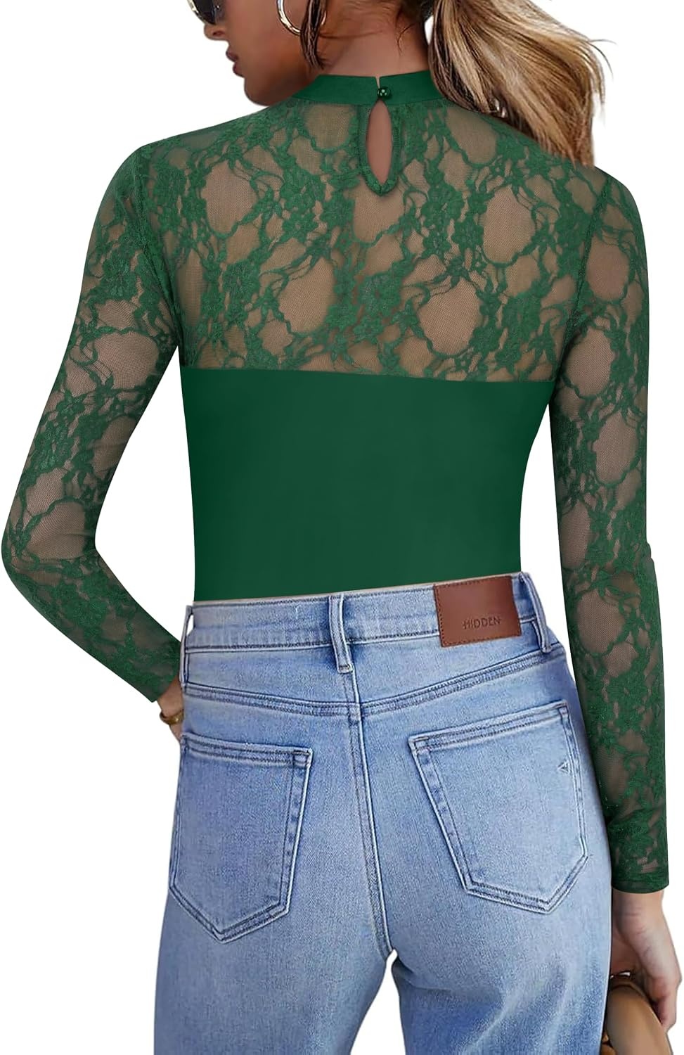 image:imageZeagoo Long Sleeve Shirts for Womens Lace Tops Mesh Sheer Sexy Fall BlouseGreen