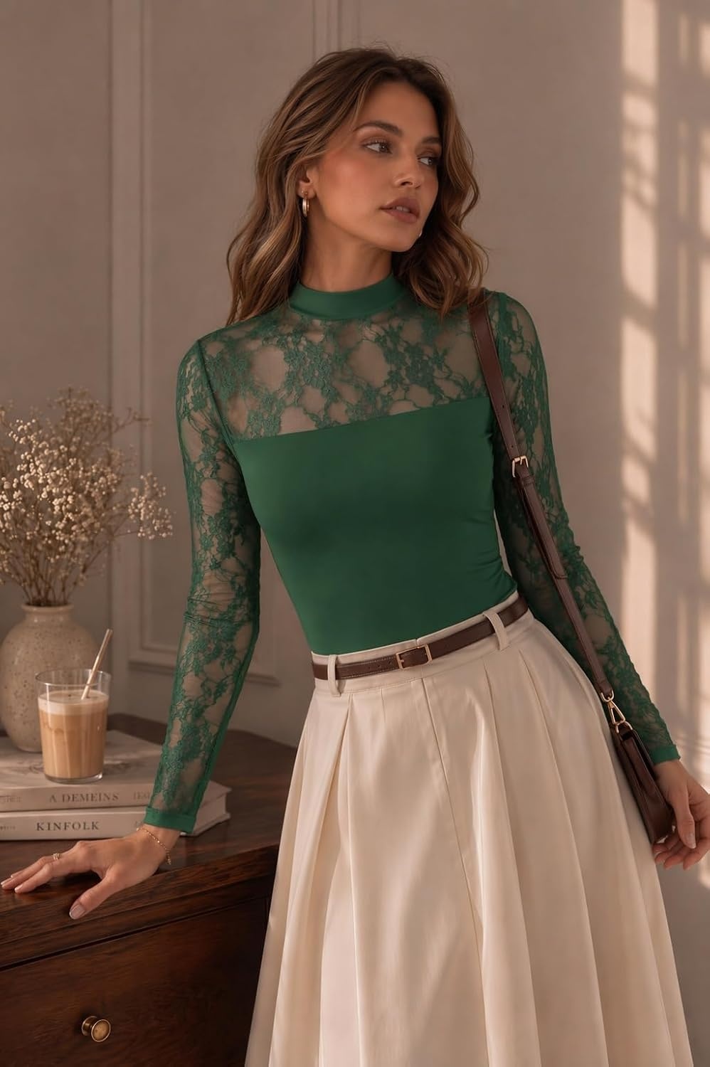 image:imageZeagoo Long Sleeve Shirts for Womens Lace Tops Mesh Sheer Sexy Fall BlouseGreen