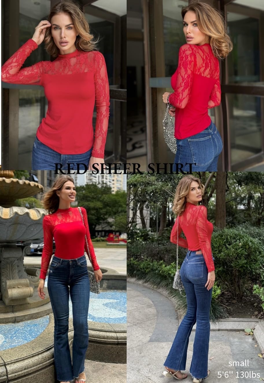 image:imageZeagoo Long Sleeve Shirts for Womens Lace Tops Mesh Sheer Sexy Fall BlouseRed