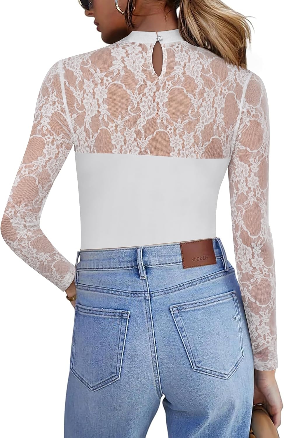 image:imageZeagoo Long Sleeve Shirts for Womens Lace Tops Mesh Sheer Sexy Fall BlouseWhite