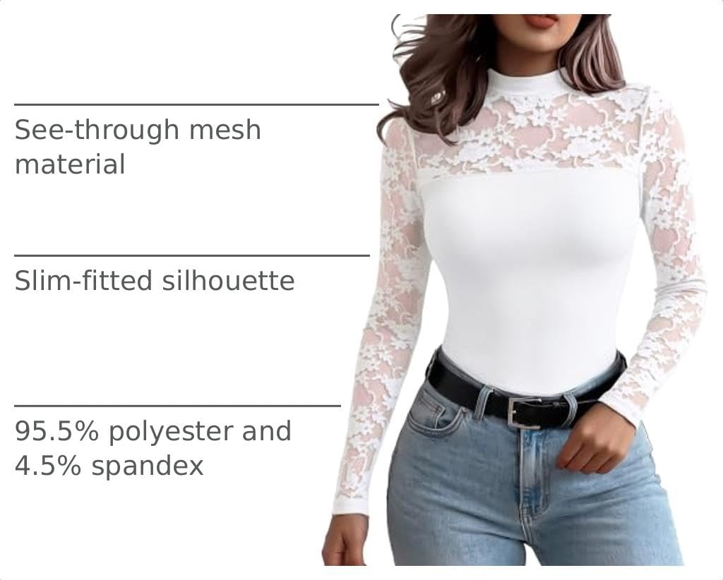 image:imageZeagoo Long Sleeve Shirts for Womens Lace Tops Mesh Sheer Sexy Fall BlouseWhite