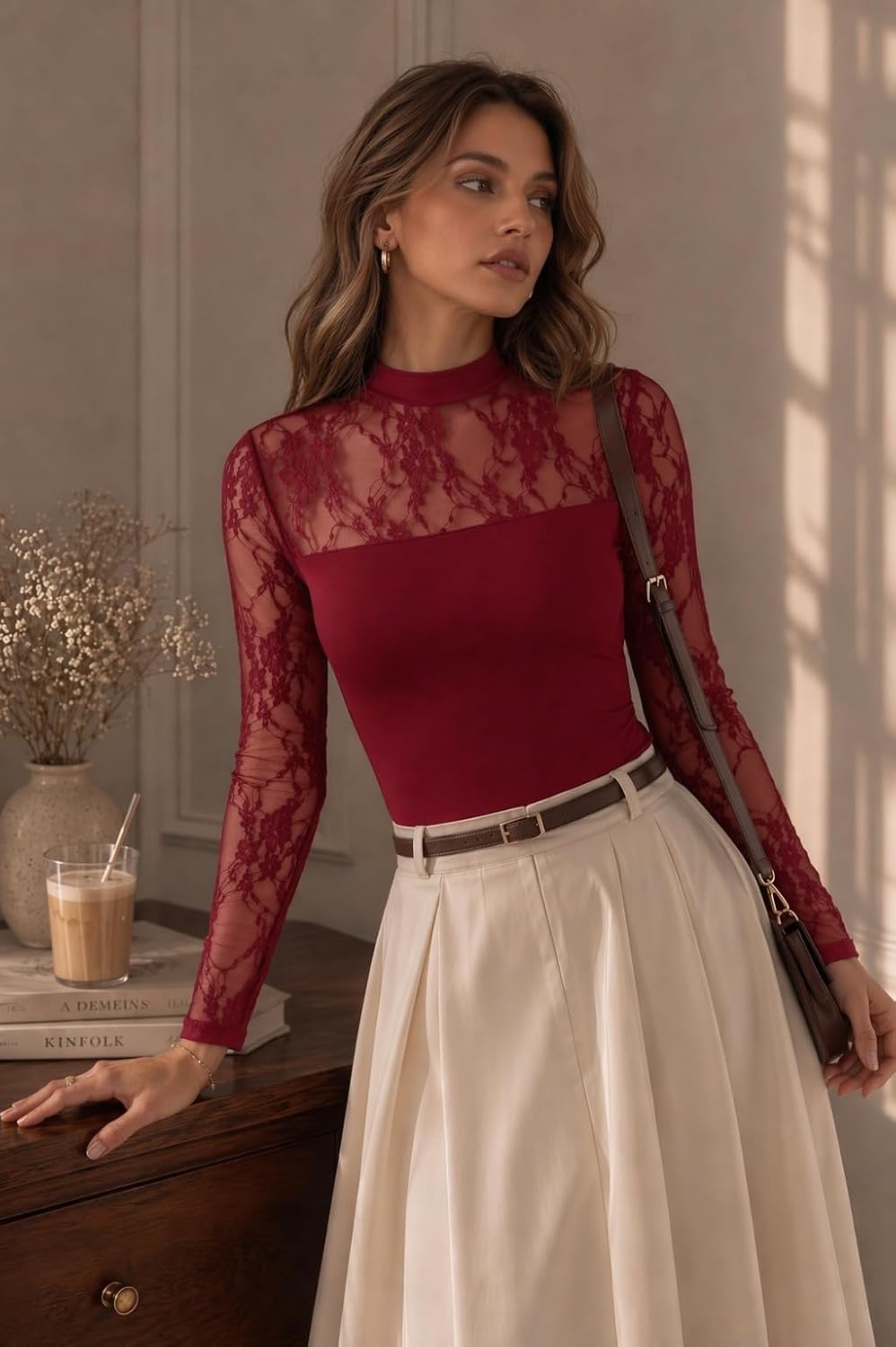 image:imageZeagoo Long Sleeve Shirts for Womens Lace Tops Mesh Sheer Sexy Fall BlouseWine Red