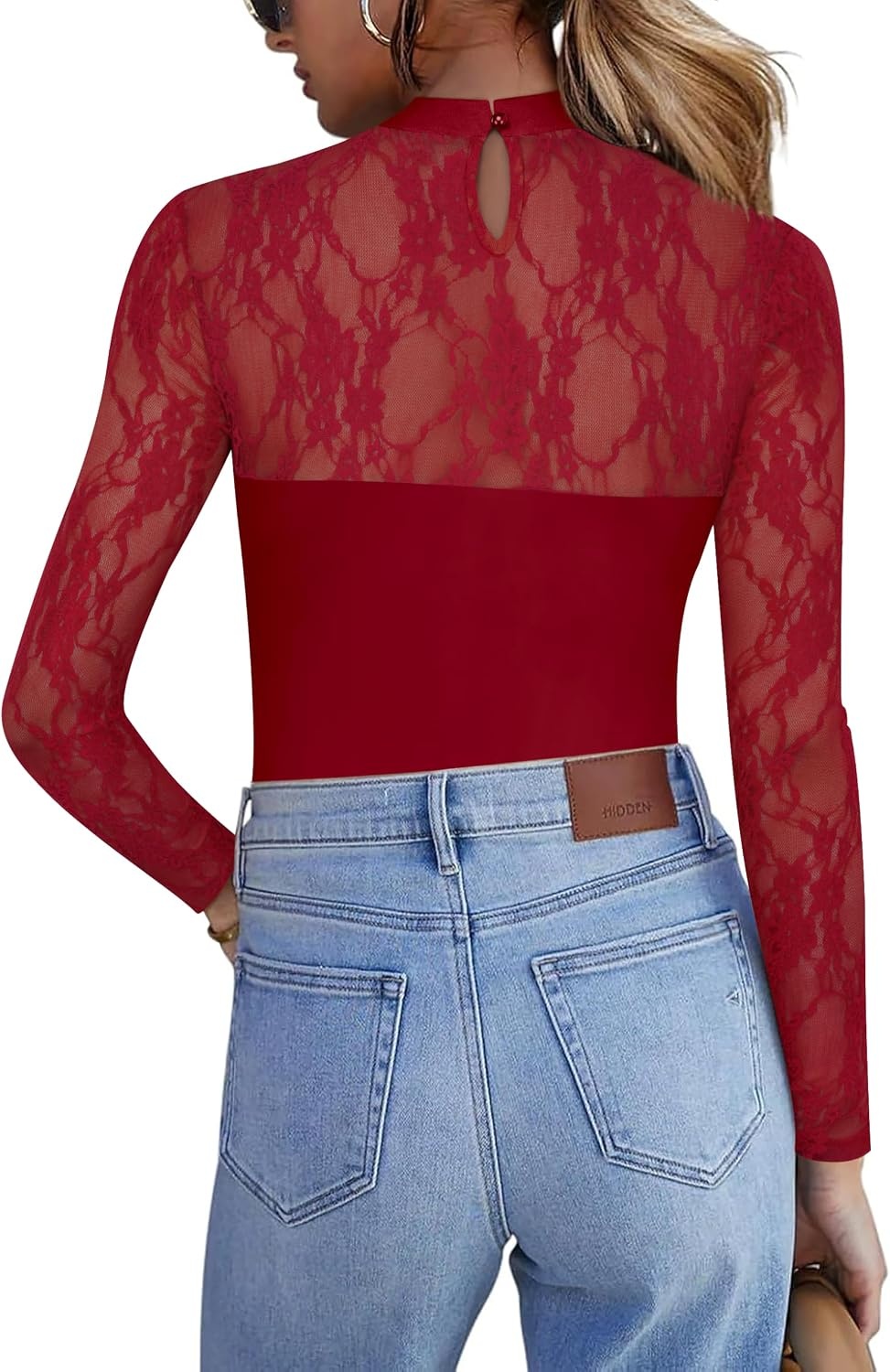 image:imageZeagoo Long Sleeve Shirts for Womens Lace Tops Mesh Sheer Sexy Fall BlouseWine Red
