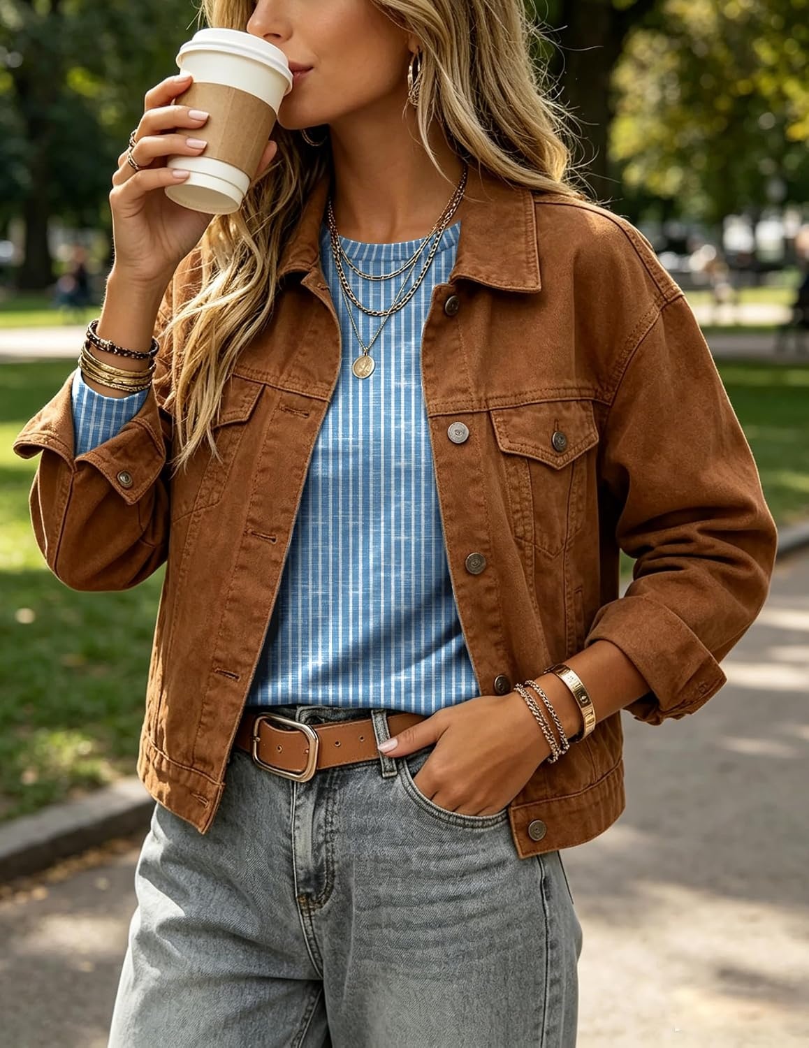 image:imageZeagoo Women Crewneck Casual Long Sleeve Tops Fall Tshirts LayerZ Stripes Blue 273
