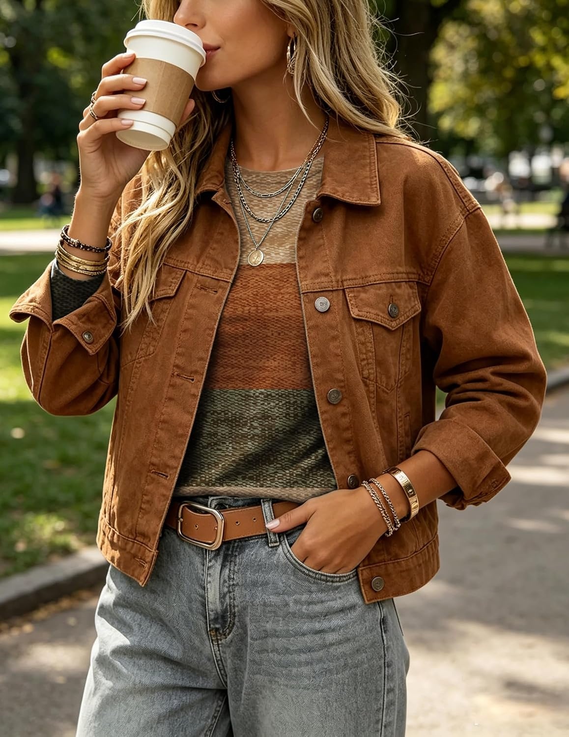 image:imageZeagoo Women Crewneck Casual Long Sleeve Tops Fall Tshirts LayerZ Stripes Brown 398