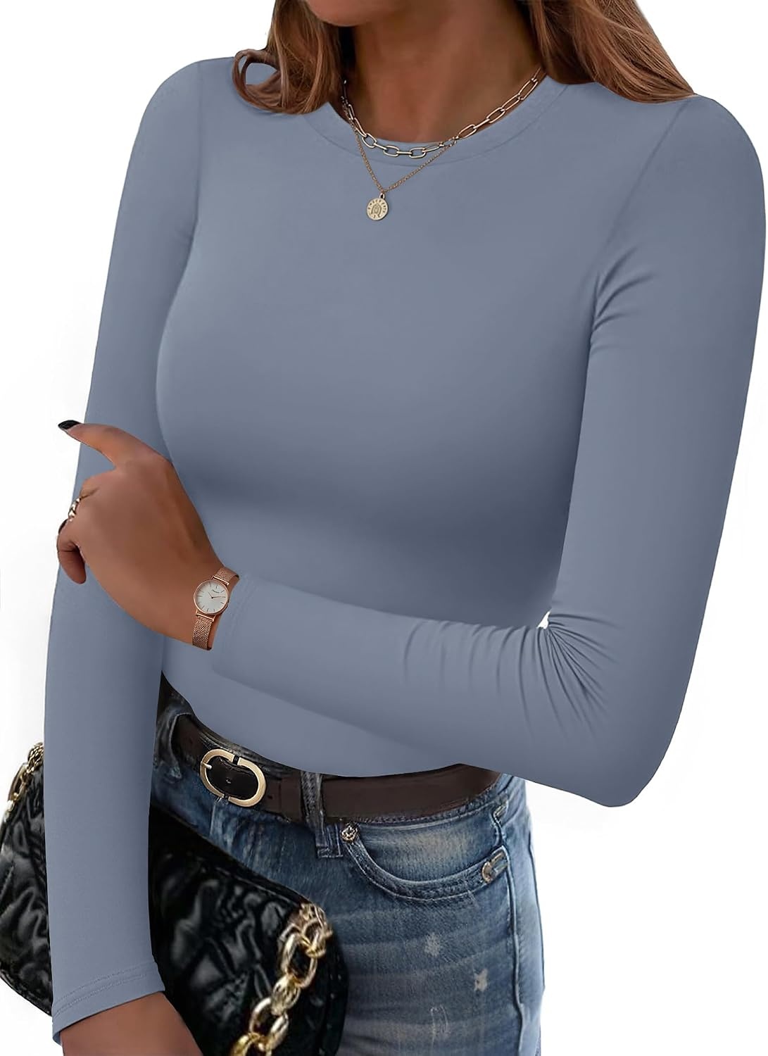 image:imageZeagoo Women Long Sleeve Shirts Crewneck Slim Fit Tops Going Out Basic TeeLong Sleeveblue