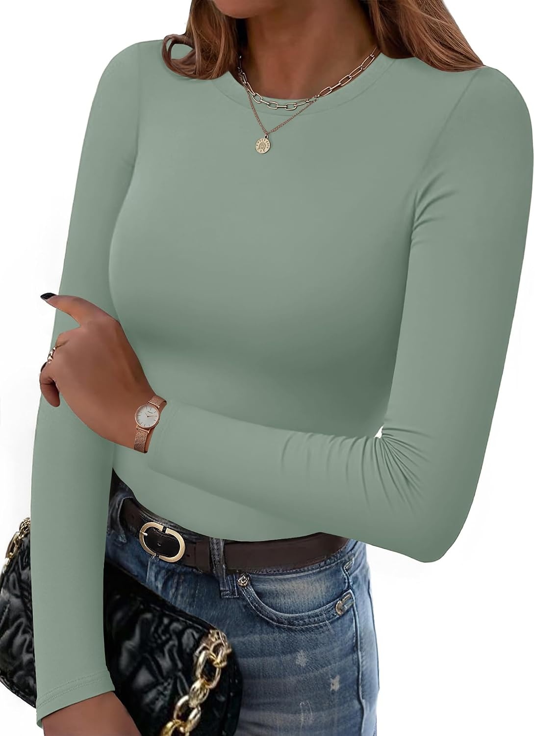 image:imageZeagoo Women Long Sleeve Shirts Crewneck Slim Fit Tops Going Out Basic TeeLong Sleevegray Green