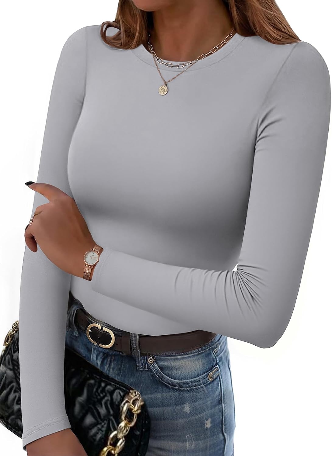 image:imageZeagoo Women Long Sleeve Shirts Crewneck Slim Fit Tops Going Out Basic TeeLong Sleevelight Grey