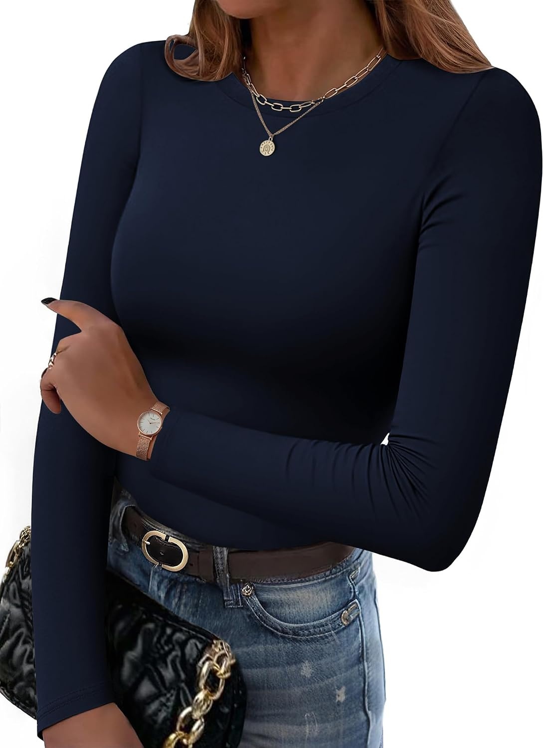 image:imageZeagoo Women Long Sleeve Shirts Crewneck Slim Fit Tops Going Out Basic TeeLong Sleevenavy Blue