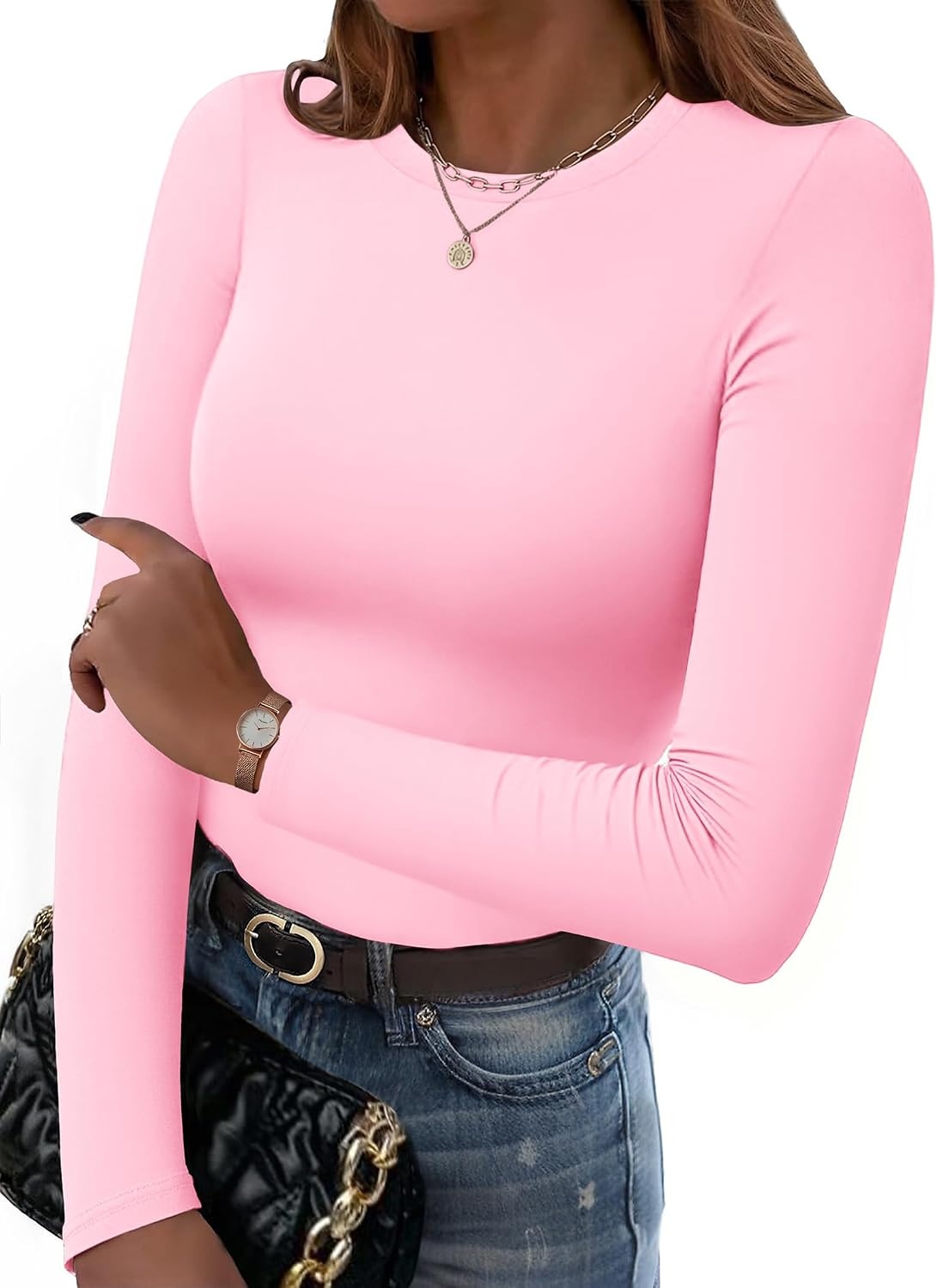 image:imageZeagoo Women Long Sleeve Shirts Crewneck Slim Fit Tops Going Out Basic TeeLong Sleevepink