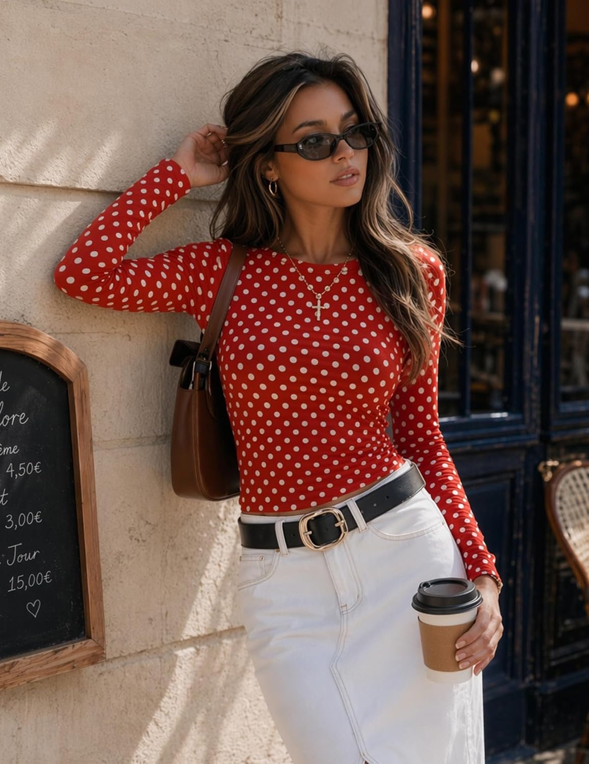 image:imageZeagoo Women Long Sleeve Shirts Crewneck Slim Fit Tops Going Out Basic TeeLong Sleevered Polka Dots