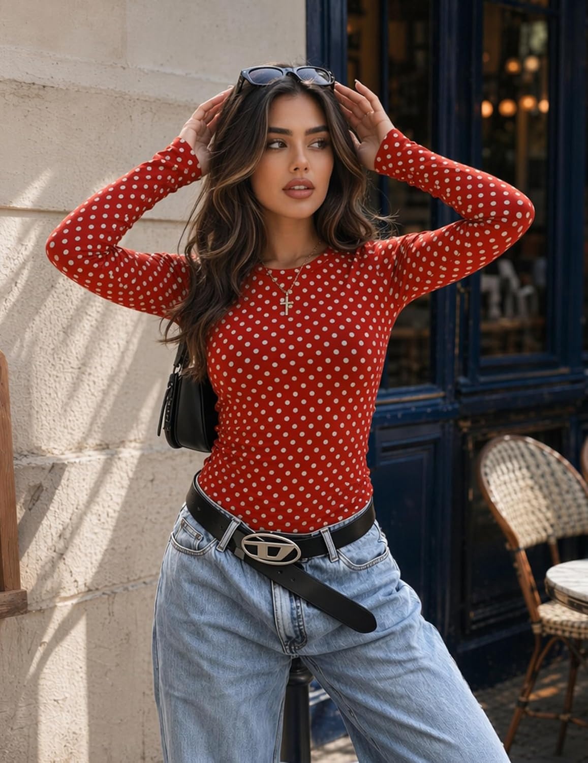 image:imageZeagoo Women Long Sleeve Shirts Crewneck Slim Fit Tops Going Out Basic TeeLong Sleevered Polka Dots