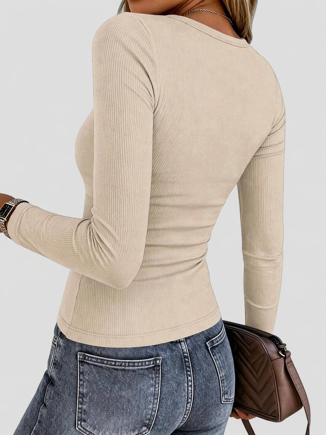 image:imageZeagoo Women Long Sleeve Shirts Ribbed Tops Crewneck Basic TeeBeige