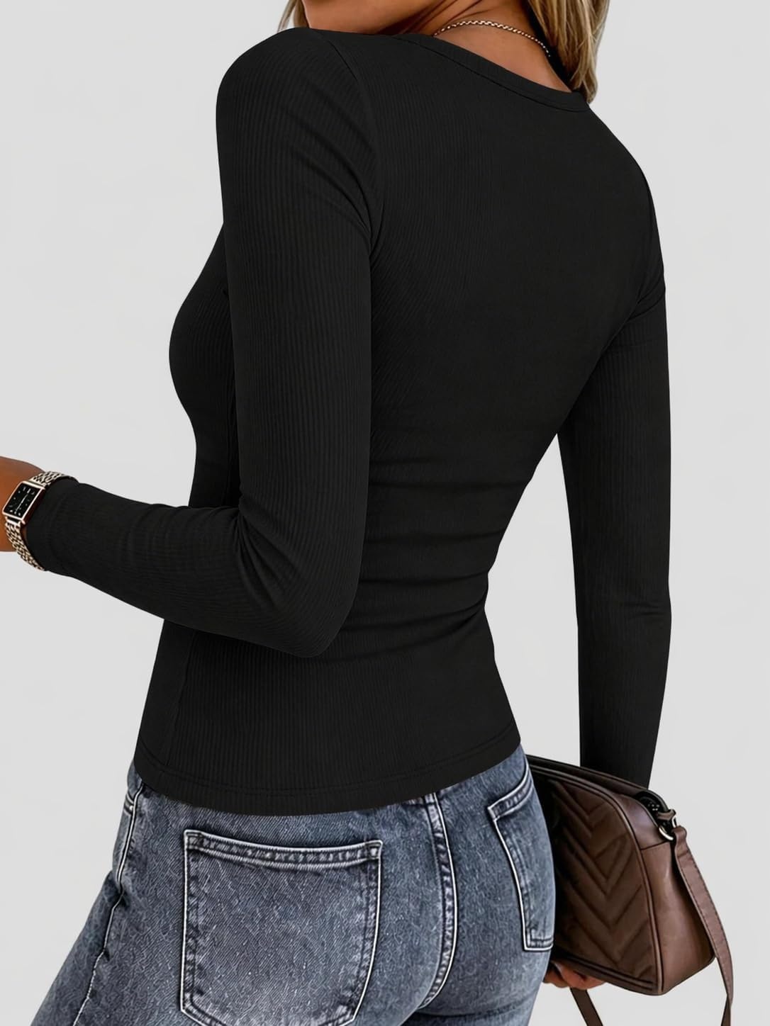 image:imageZeagoo Women Long Sleeve Shirts Ribbed Tops Crewneck Basic TeeBlack