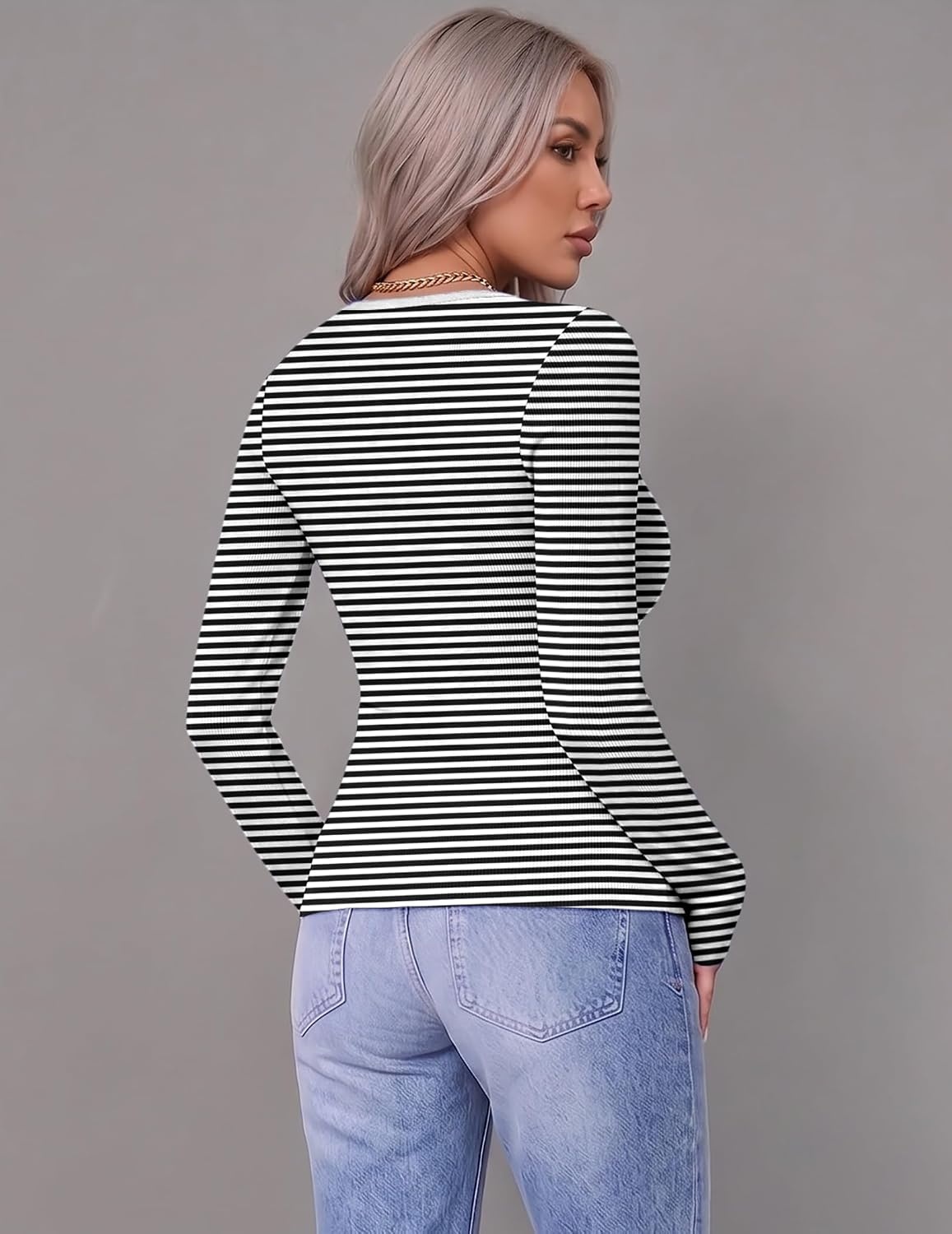 image:imageZeagoo Women Long Sleeve Shirts Ribbed Tops Crewneck Basic TeeBlack White Stripe