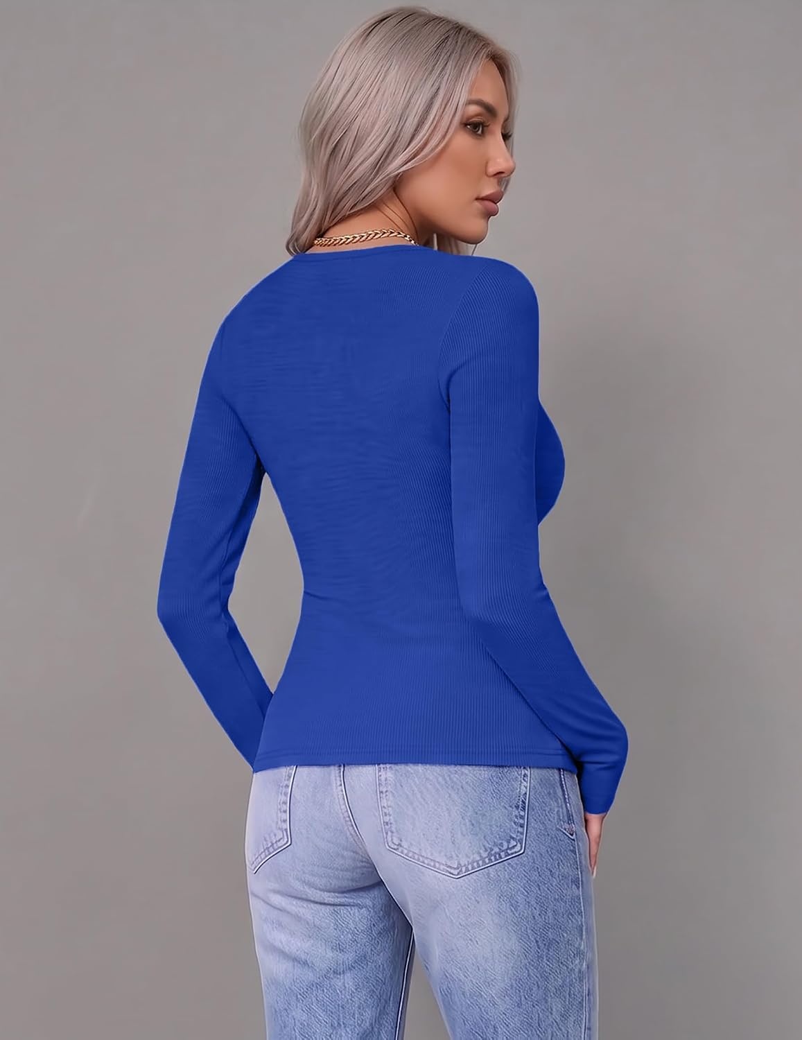 image:imageZeagoo Women Long Sleeve Shirts Ribbed Tops Crewneck Basic TeeBlue