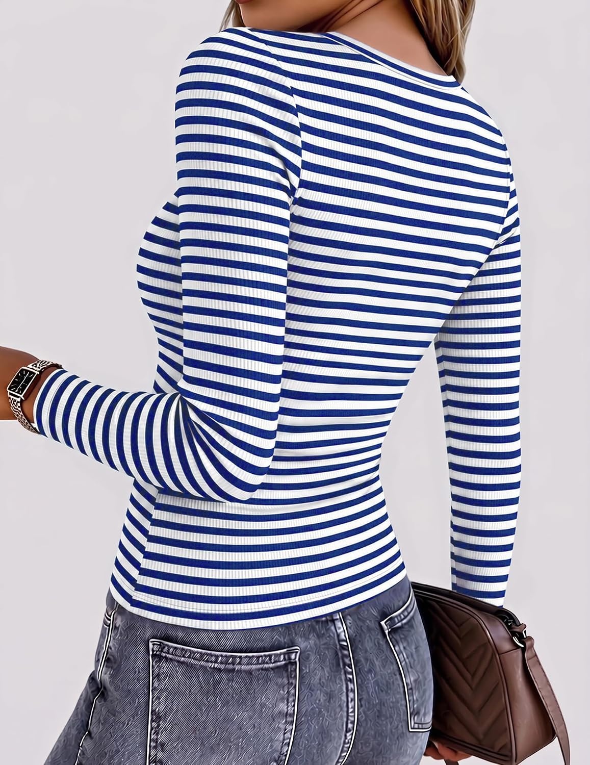 image:imageZeagoo Women Long Sleeve Shirts Ribbed Tops Crewneck Basic TeeBlue Stripe