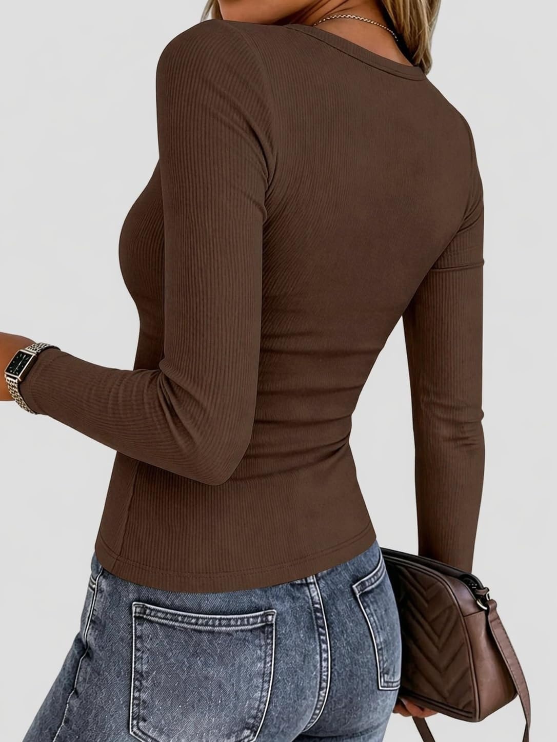 image:imageZeagoo Women Long Sleeve Shirts Ribbed Tops Crewneck Basic TeeBrown