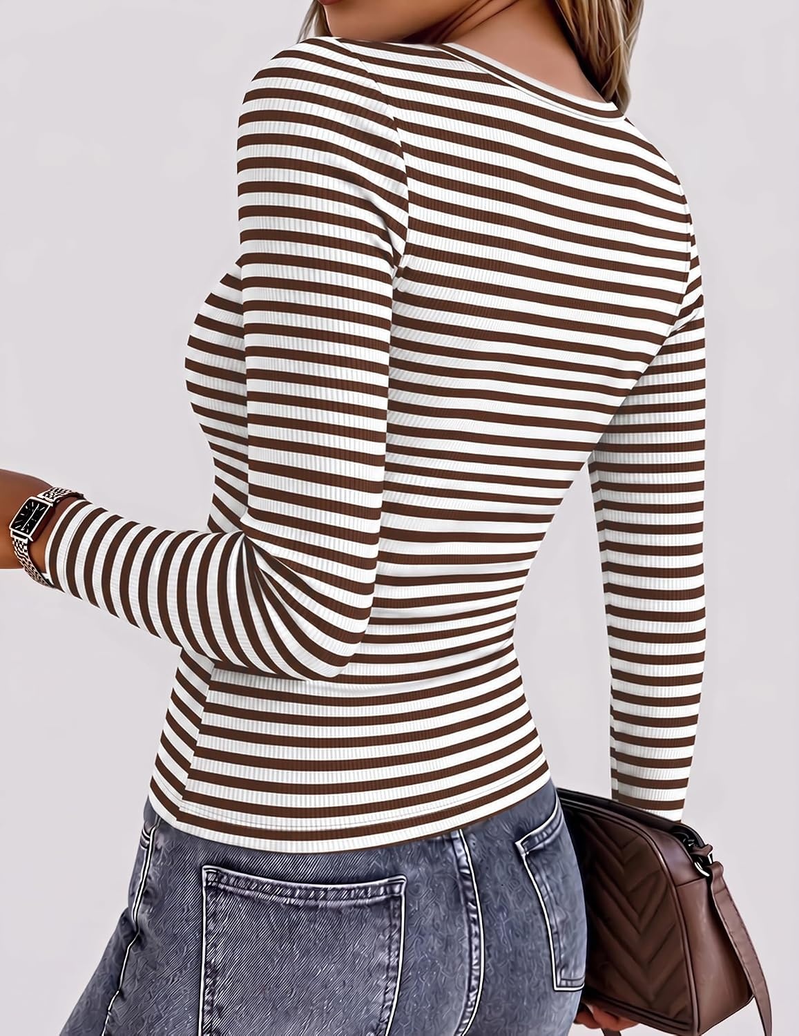 image:imageZeagoo Women Long Sleeve Shirts Ribbed Tops Crewneck Basic TeeBrown Stripe