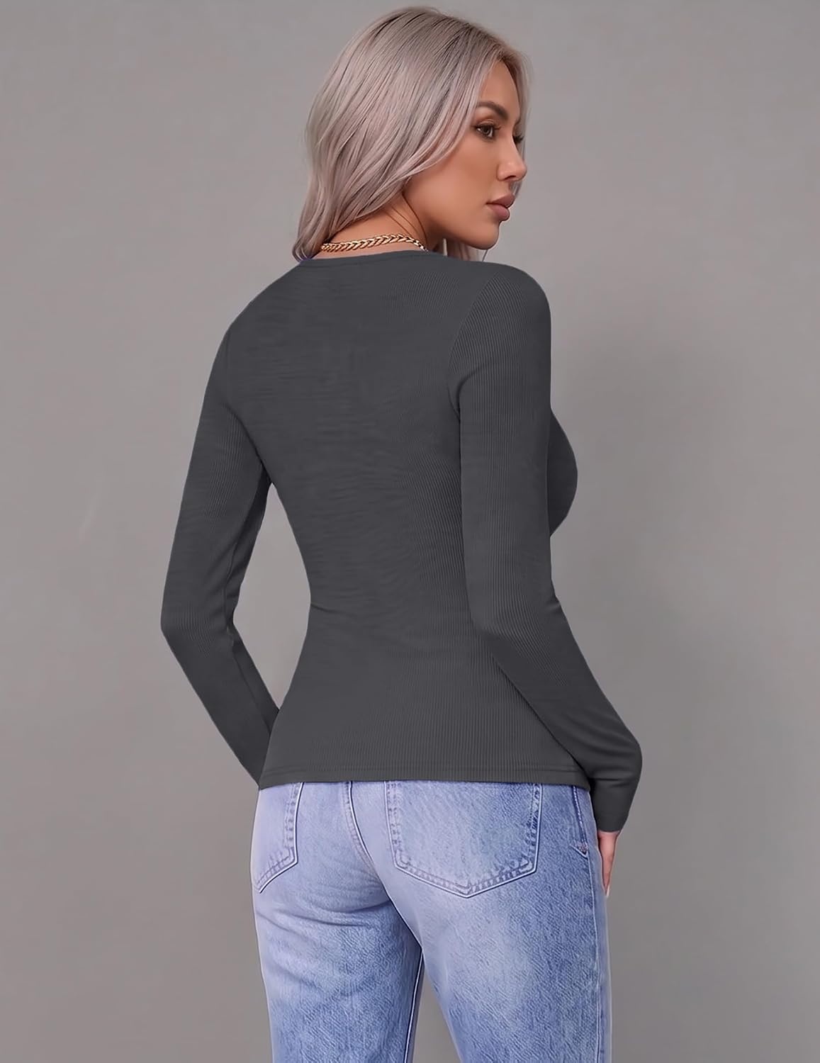image:imageZeagoo Women Long Sleeve Shirts Ribbed Tops Crewneck Basic TeeCharcoal