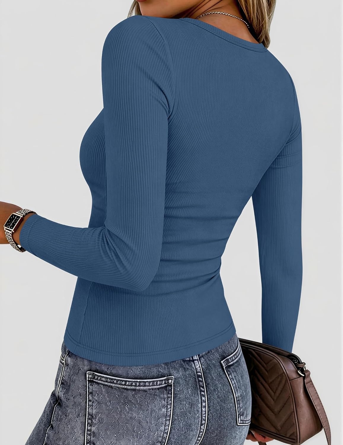image:imageZeagoo Women Long Sleeve Shirts Ribbed Tops Crewneck Basic TeeGrey Blue