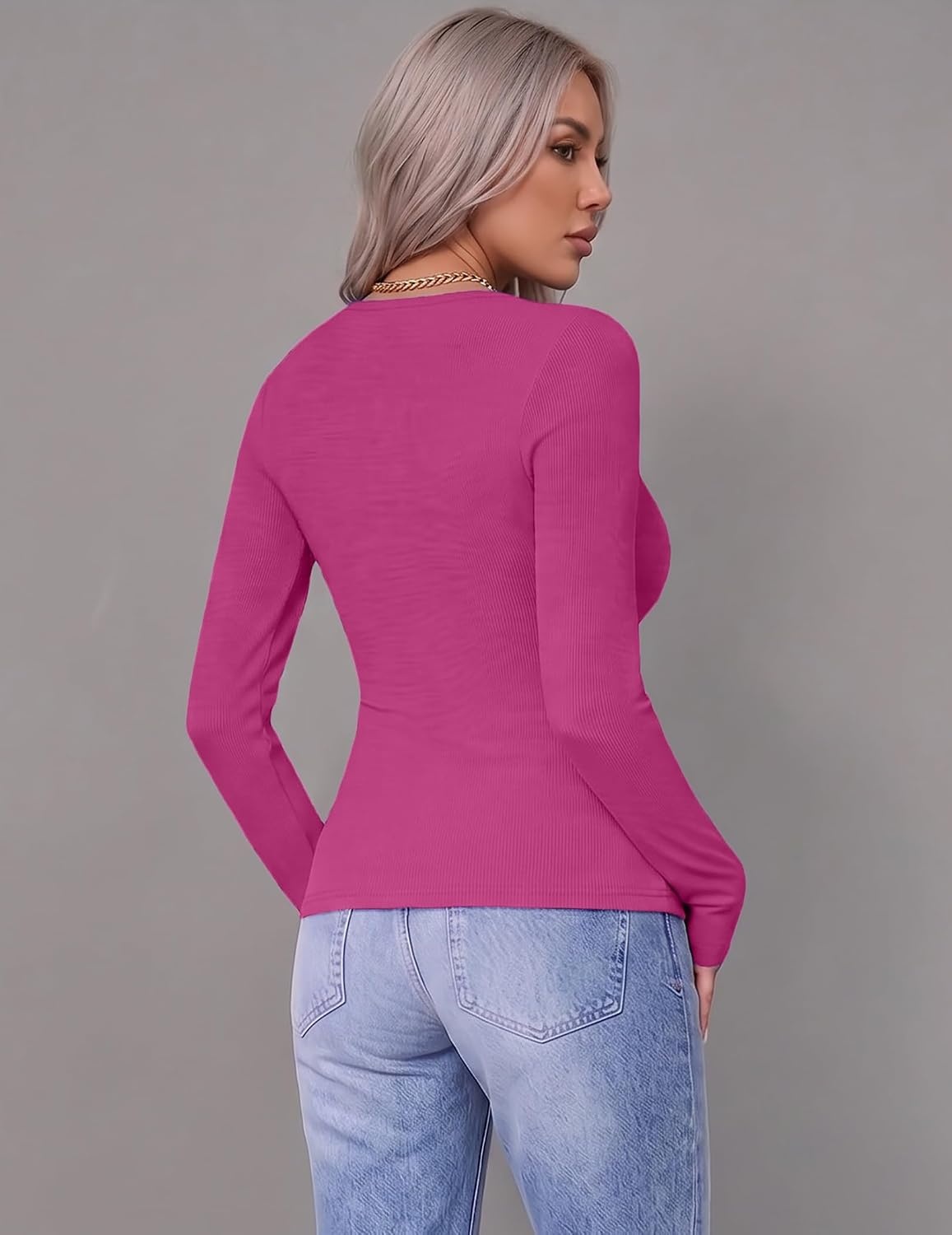image:imageZeagoo Women Long Sleeve Shirts Ribbed Tops Crewneck Basic TeeHot Pink