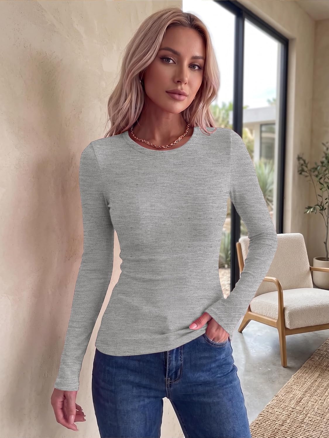 image:imageZeagoo Women Long Sleeve Shirts Ribbed Tops Crewneck Basic TeeLight Grey