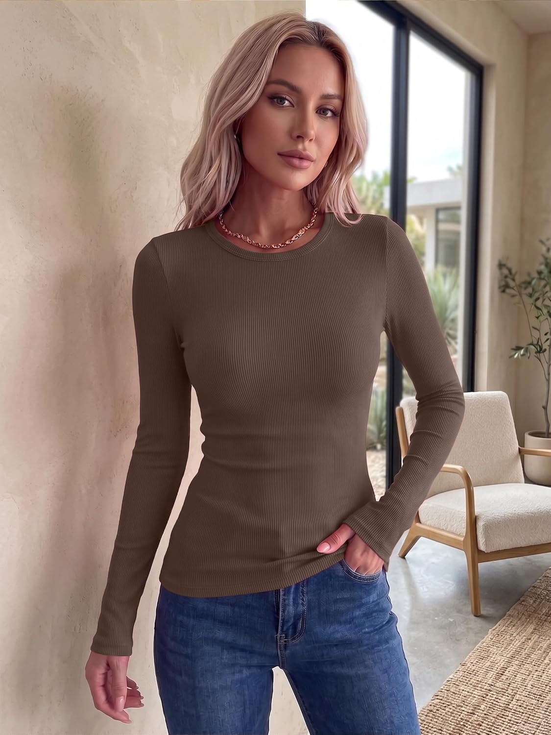 image:imageZeagoo Women Long Sleeve Shirts Ribbed Tops Crewneck Basic TeeLight Khaki