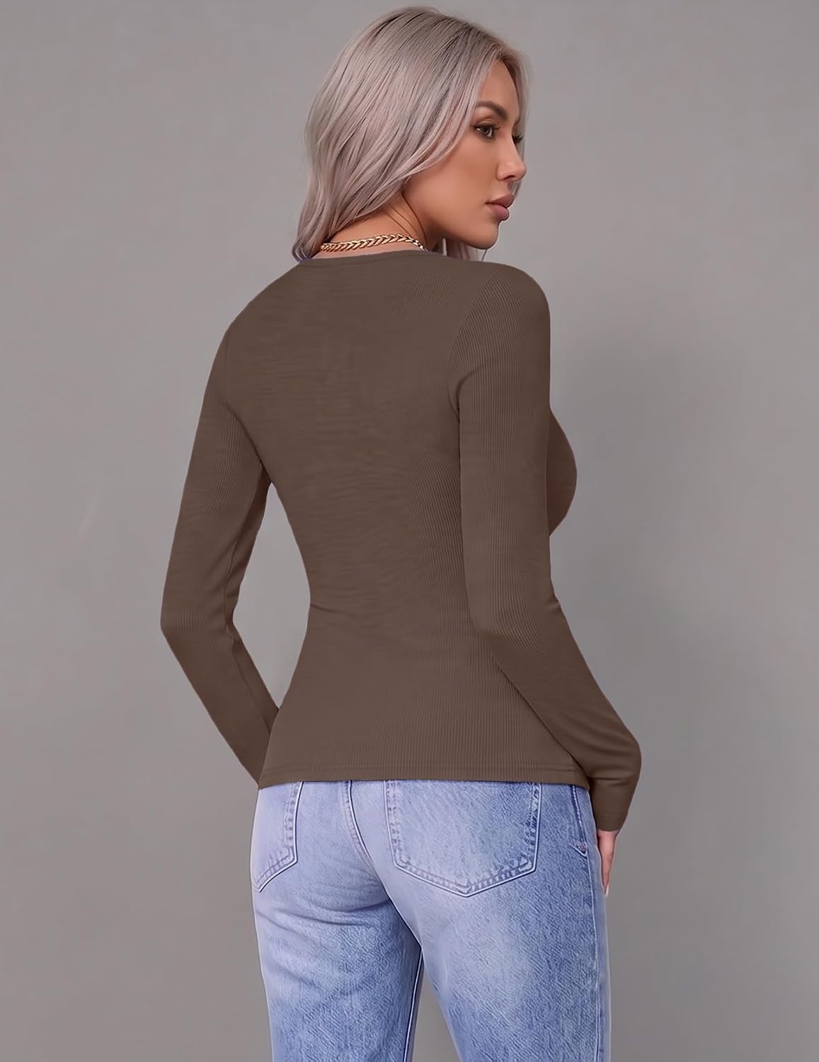 image:imageZeagoo Women Long Sleeve Shirts Ribbed Tops Crewneck Basic TeeLight Khaki