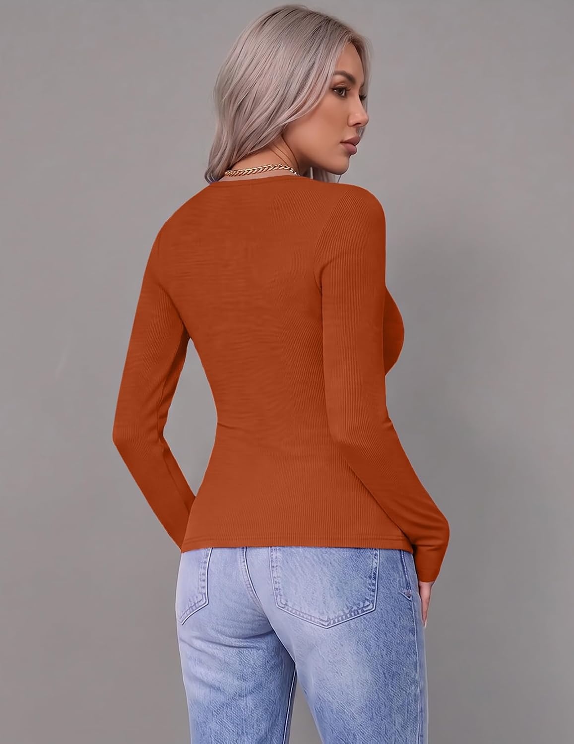 image:imageZeagoo Women Long Sleeve Shirts Ribbed Tops Crewneck Basic TeeOrange