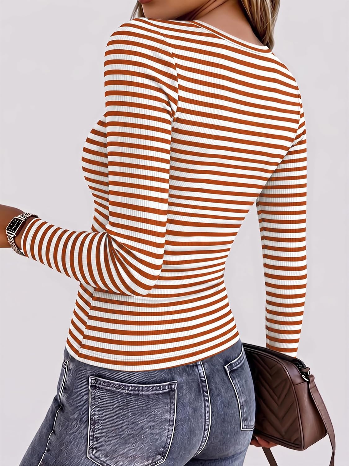 image:imageZeagoo Women Long Sleeve Shirts Ribbed Tops Crewneck Basic TeeOrange Stripe