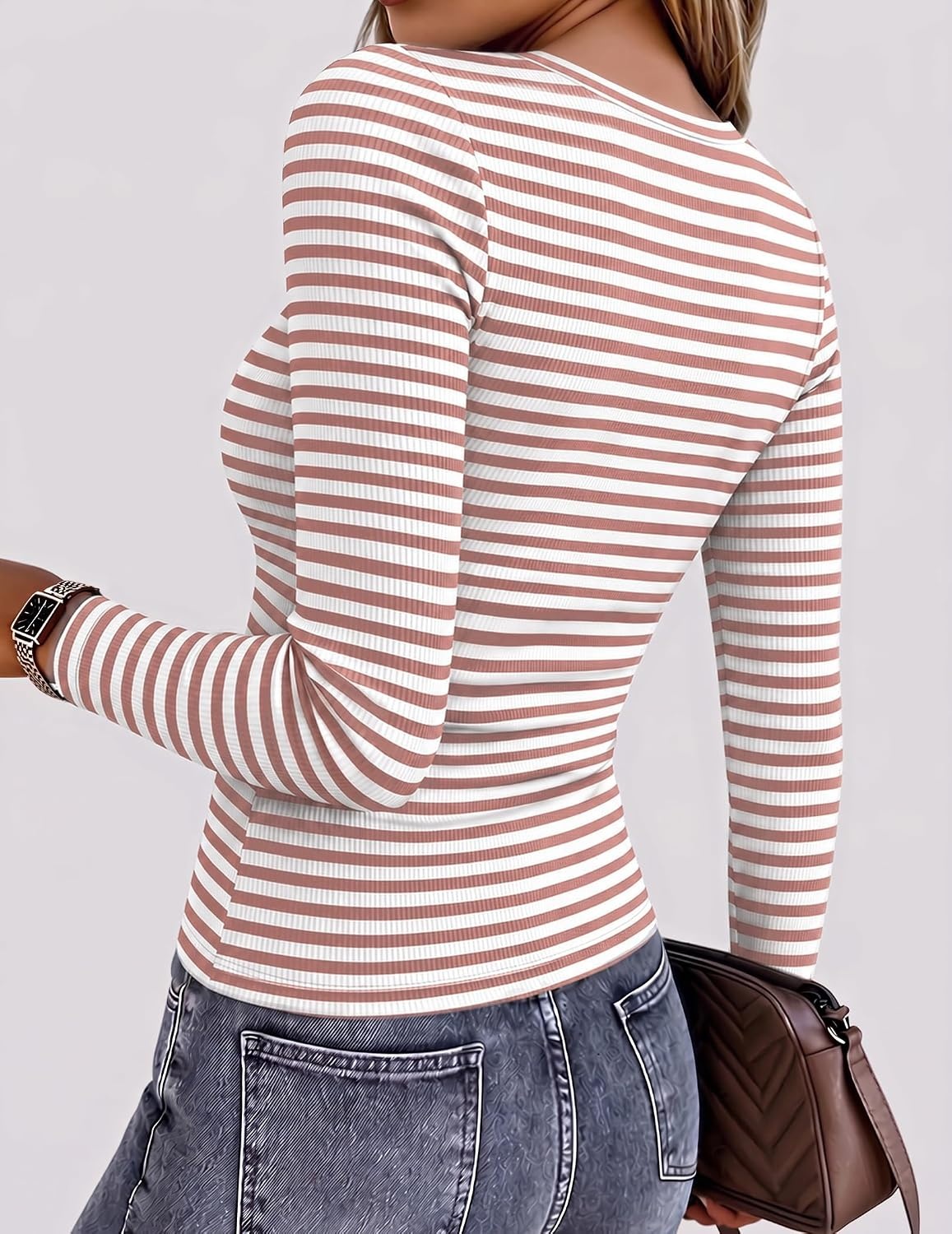 image:imageZeagoo Women Long Sleeve Shirts Ribbed Tops Crewneck Basic TeePink Stripe