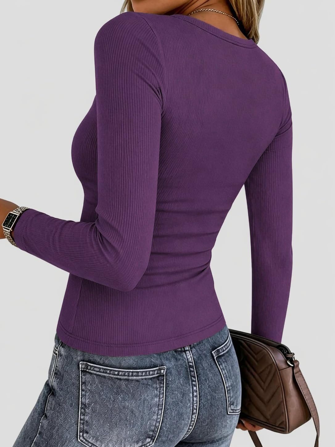 image:imageZeagoo Women Long Sleeve Shirts Ribbed Tops Crewneck Basic TeePurple