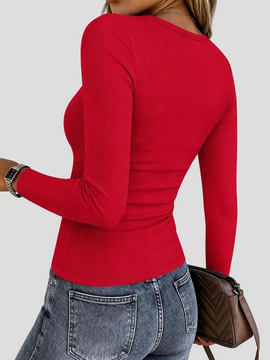 image:imageZeagoo Women Long Sleeve Shirts Ribbed Tops Crewneck Basic TeeRed