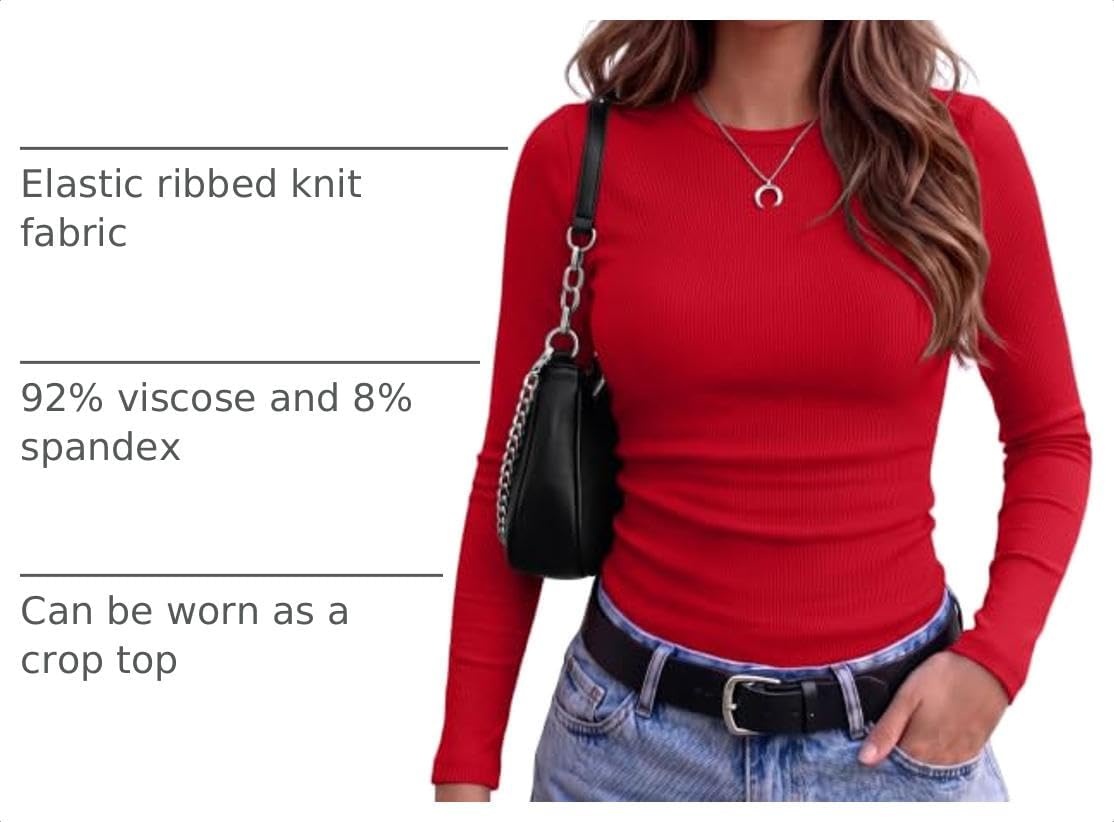image:imageZeagoo Women Long Sleeve Shirts Ribbed Tops Crewneck Basic TeeRed