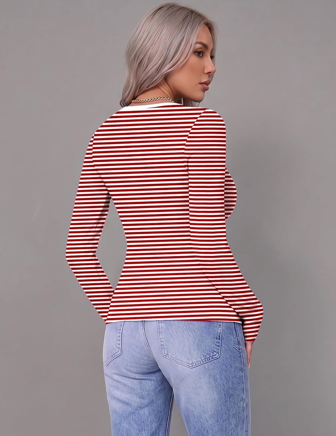 image:imageZeagoo Women Long Sleeve Shirts Ribbed Tops Crewneck Basic TeeRed White Stripe