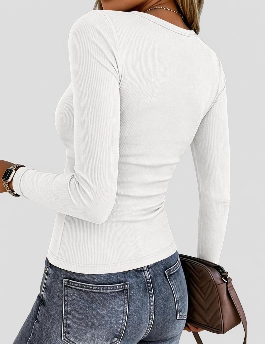 image:imageZeagoo Women Long Sleeve Shirts Ribbed Tops Crewneck Basic TeeWhite