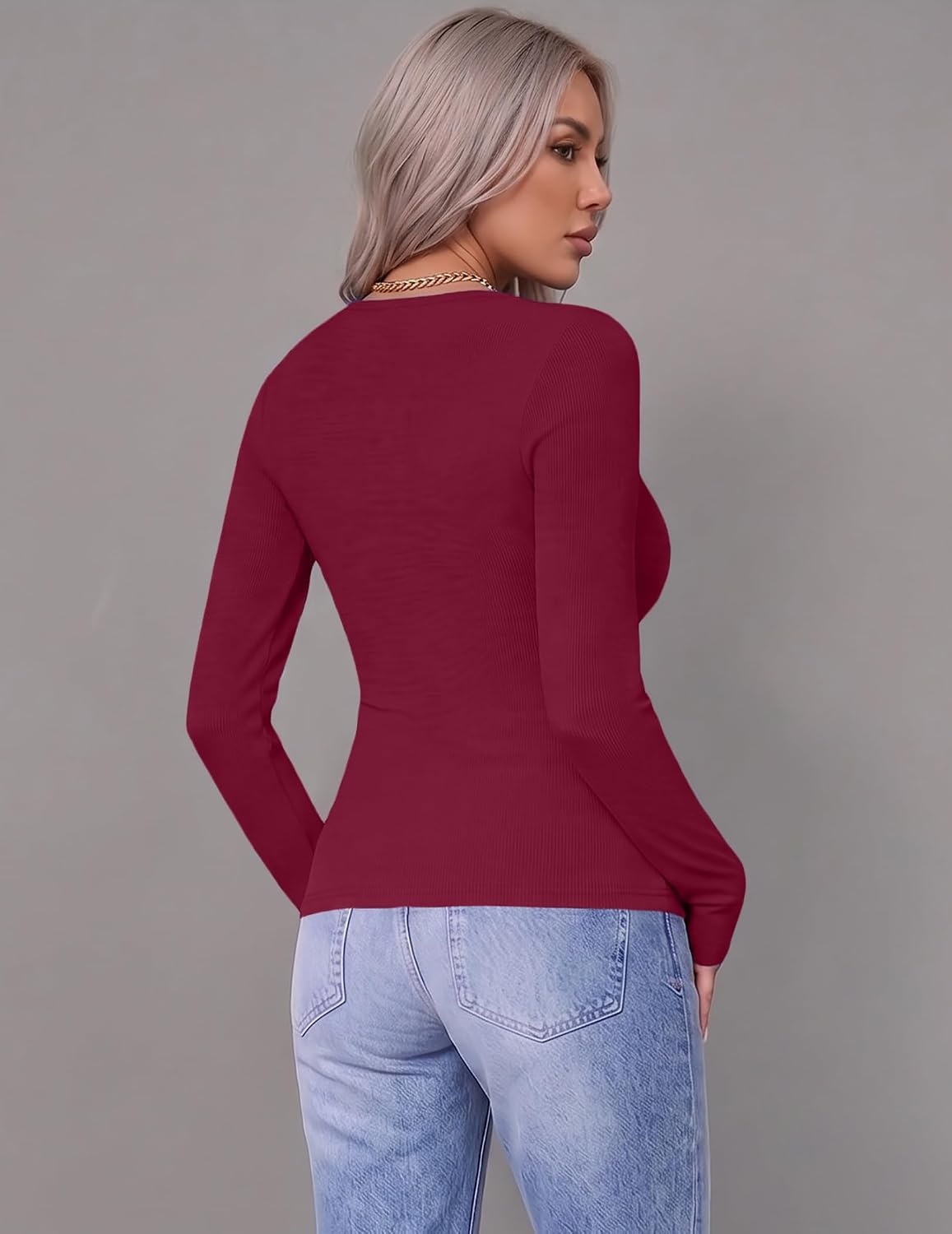image:imageZeagoo Women Long Sleeve Shirts Ribbed Tops Crewneck Basic TeeWine Red