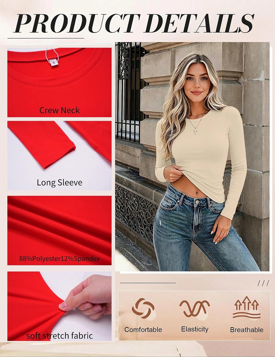 image:imageZeagoo Women Long Sleeve Shirts Slim Fit Going Out Tops Crewneck Basic TeeBeige