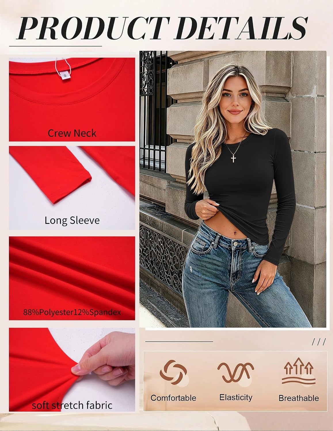 image:imageZeagoo Women Long Sleeve Shirts Slim Fit Going Out Tops Crewneck Basic TeeBlack