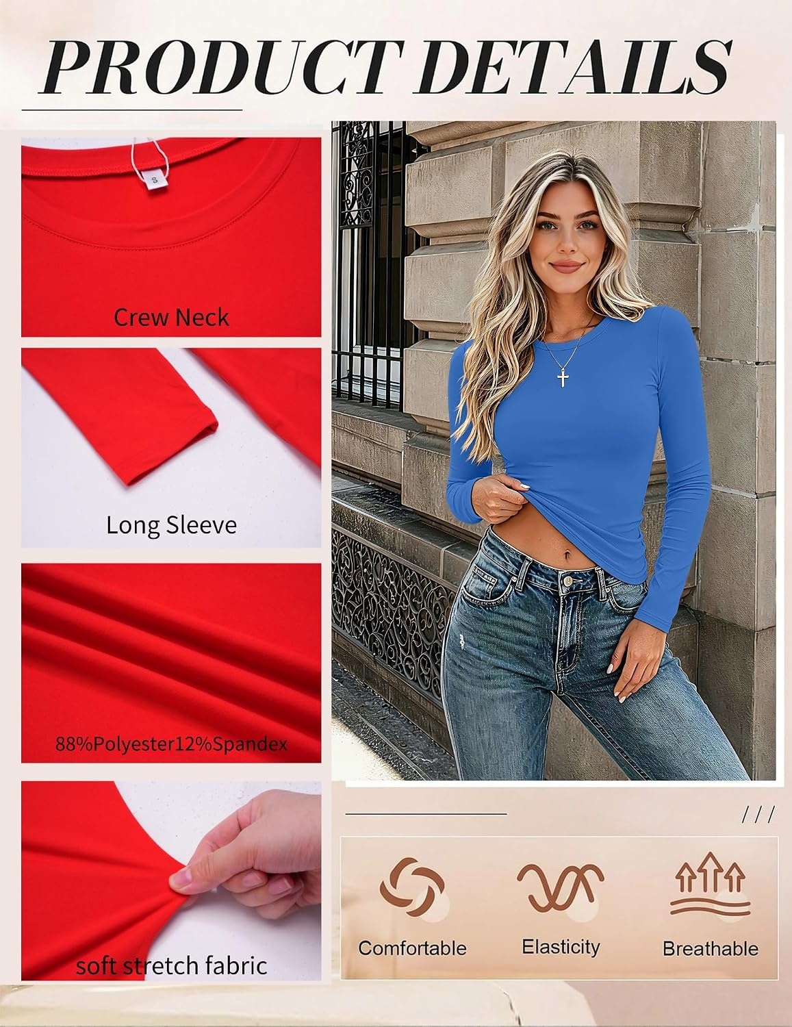 image:imageZeagoo Women Long Sleeve Shirts Slim Fit Going Out Tops Crewneck Basic TeeBlue