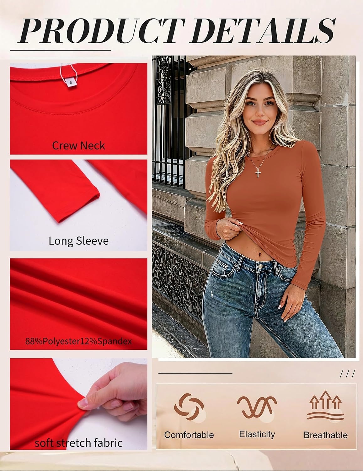 image:imageZeagoo Women Long Sleeve Shirts Slim Fit Going Out Tops Crewneck Basic TeeCaramel