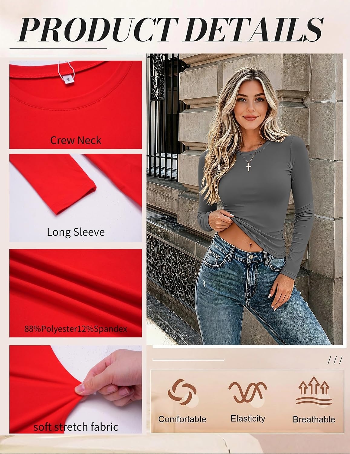 image:imageZeagoo Women Long Sleeve Shirts Slim Fit Going Out Tops Crewneck Basic TeeDark Gray