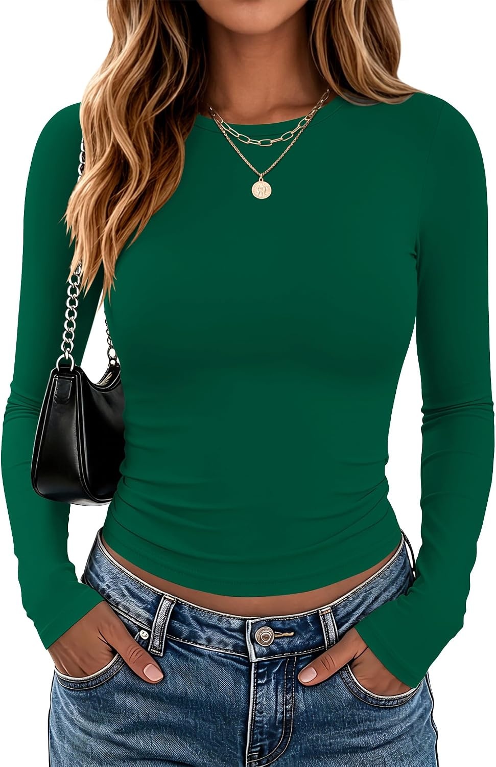 image:imageZeagoo Women Long Sleeve Shirts Slim Fit Going Out Tops Crewneck Basic TeeGreen