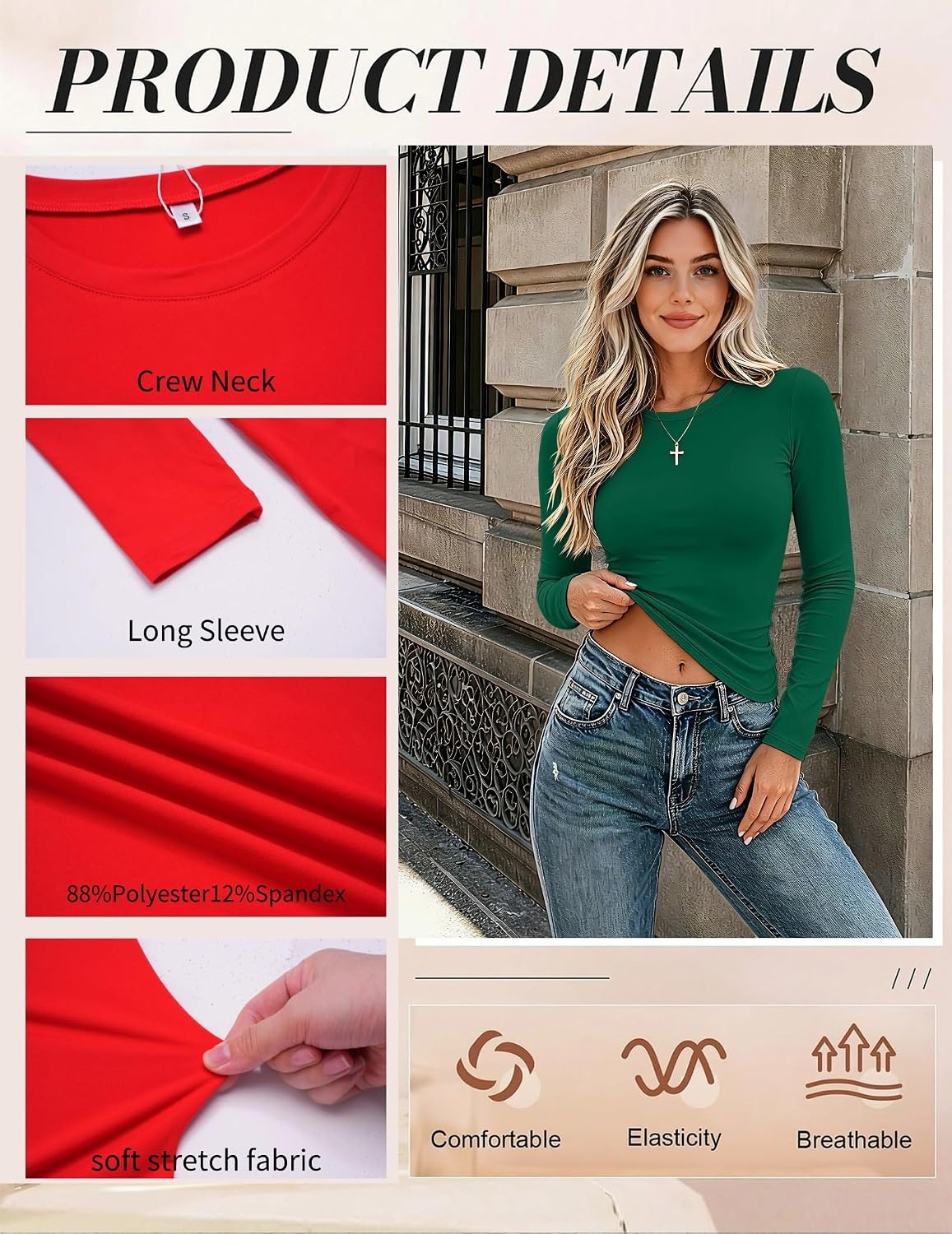 image:imageZeagoo Women Long Sleeve Shirts Slim Fit Going Out Tops Crewneck Basic TeeGreen