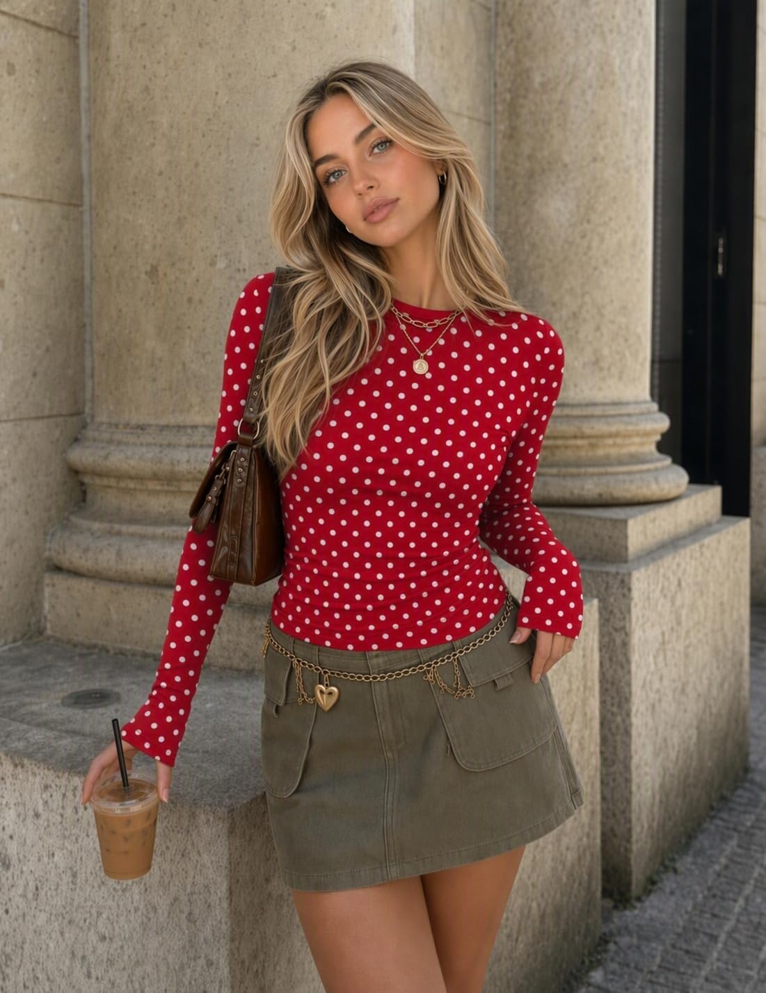 image:imageZeagoo Women Long Sleeve Shirts Slim Fit Going Out Tops Crewneck Basic TeePolka Dot Jh791