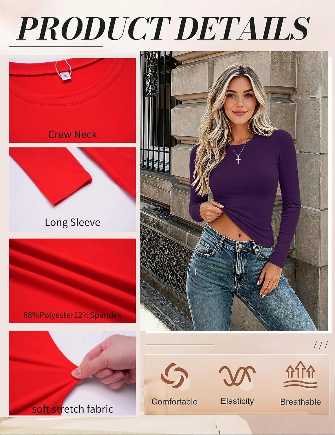 image:imageZeagoo Women Long Sleeve Shirts Slim Fit Going Out Tops Crewneck Basic TeePurple
