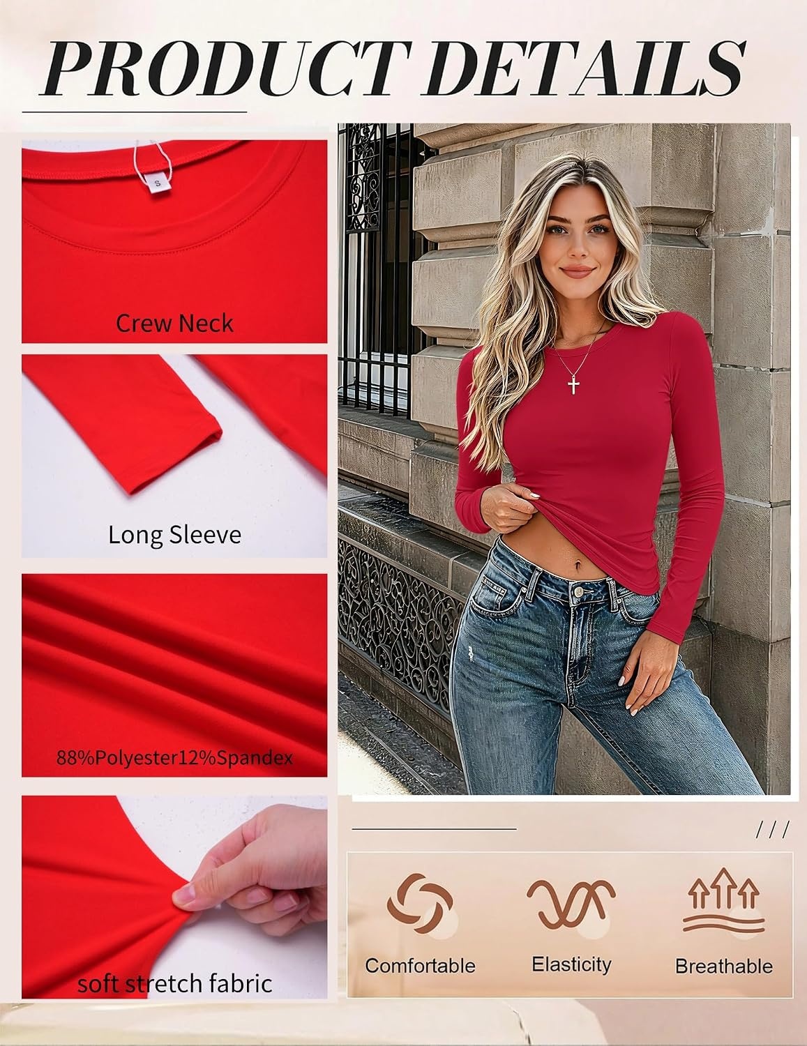 image:imageZeagoo Women Long Sleeve Shirts Slim Fit Going Out Tops Crewneck Basic TeeRed