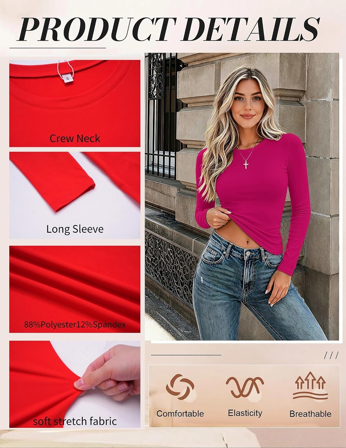 image:imageZeagoo Women Long Sleeve Shirts Slim Fit Going Out Tops Crewneck Basic TeeRose Red